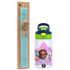 Easter Set, Children's thermal stainless steel bottle with safety straw, green/blue (350ml) & aromatic flat Easter candle (30cm) (TURQUOISE)
