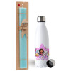Easter Set, metallic stainless steel water bottle (750ml) & aromatic flat Easter candle (30cm) (TURQUOISE)