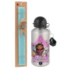 Easter Set, metallic silver aluminum water bottle (500ml) & scented flat Easter candle (30cm) (TURQUOISE)