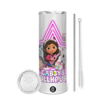 Gabby Dollhouse (ΤΟ ΚΟΥΚΛΟΣΠΙΤΟ ΤΗΣ ΓΚΑΜΠΙ), Tumbler ποτήρι θερμό από ανοξείδωτο ατσάλι 600ml, με μεταλλικό καλαμάκι & βούρτσα καθαρισμού