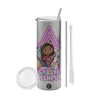 Gabby Dollhouse (ΤΟ ΚΟΥΚΛΟΣΠΙΤΟ ΤΗΣ ΓΚΑΜΠΙ), Tumbler ποτήρι θερμό Ασημένιο από ανοξείδωτο ατσάλι 600ml, με μεταλλικό καλαμάκι & βούρτσα καθαρισμού