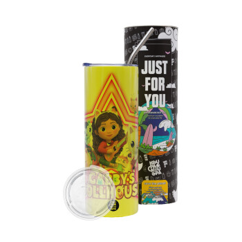 Gabby Dollhouse (ΤΟ ΚΟΥΚΛΟΣΠΙΤΟ ΤΗΣ ΓΚΑΜΠΙ), Neon Yellow Travel Tumbler θερμό, μεταλλικό καλαμάκι(Ανωξείδωτο 304 Food grade, BPA free, 600ml)