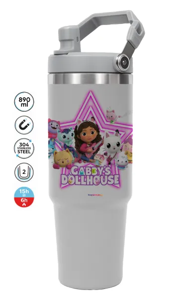 Gabby Dollhouse (ΤΟ ΚΟΥΚΛΟΣΠΙΤΟ ΤΗΣ ΓΚΑΜΠΙ) — ΓΚΡΙ Travel Tumbler Θερμός με χερούλι και καλαμάκι 890ml
