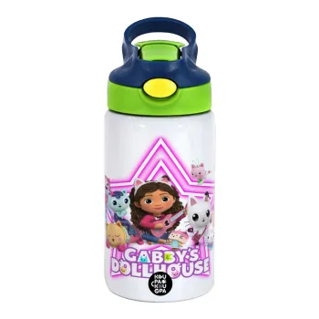 Gabby Dollhouse, Children's hot water bottle, stainless steel, with safety straw, green, blue (350ml)