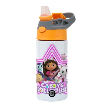 Gabby Dollhouse (ΤΟ ΚΟΥΚΛΟΣΠΙΤΟ ΤΗΣ ΓΚΑΜΠΙ), Παιδικό παγούρι θερμό, ανοξείδωτο, με καλαμάκι ασφαλείας, Πορτοκαλί/Γκρι (360ml) BPA-FREE