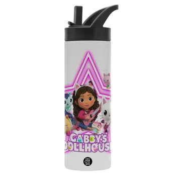 Gabby Dollhouse (ΤΟ ΚΟΥΚΛΟΣΠΙΤΟ ΤΗΣ ΓΚΑΜΠΙ), Μεταλλικό παγούρι θερμός με καλαμάκι & χειρολαβή, ανοξείδωτο ατσάλι (Stainless steel 304), διπλού τοιχώματος, 600ml