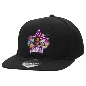 Gabby Dollhouse (ΤΟ ΚΟΥΚΛΟΣΠΙΤΟ ΤΗΣ ΓΚΑΜΠΙ), Καπέλο Ενηλίκων Flat Snapback Μαύρο, (100% ΒΑΜΒΑΚΕΡΟ TWILL, ΕΝΗΛΙΚΩΝ, UNISEX, ONE SIZE)