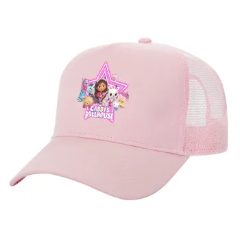 Gabby Dollhouse, Adult Structured Trucker Hat, with Mesh, PINK (100% COTTON, ADULT, UNISEX, ONE SIZE)