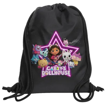 Gabby Dollhouse (ΤΟ ΚΟΥΚΛΟΣΠΙΤΟ ΤΗΣ ΓΚΑΜΠΙ), Τσάντα πλάτης πουγκί GYMBAG Μαύρη, με τσέπη (40x48cm) & χονδρά κορδόνια