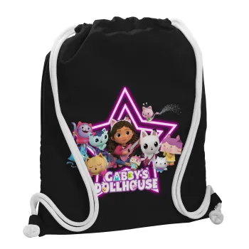 Gabby Dollhouse (ΤΟ ΚΟΥΚΛΟΣΠΙΤΟ ΤΗΣ ΓΚΑΜΠΙ), Τσάντα πλάτης πουγκί GYMBAG Μαύρη, με τσέπη (40x48cm) & χονδρά λευκά κορδόνια