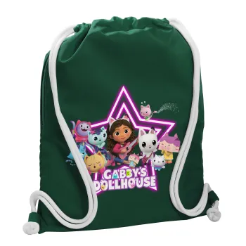 Gabby Dollhouse (ΤΟ ΚΟΥΚΛΟΣΠΙΤΟ ΤΗΣ ΓΚΑΜΠΙ), Τσάντα πλάτης πουγκί GYMBAG BOTTLE GREEN, με τσέπη (40x48cm) & χονδρά λευκά κορδόνια