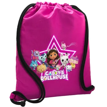 Gabby Dollhouse (ΤΟ ΚΟΥΚΛΟΣΠΙΤΟ ΤΗΣ ΓΚΑΜΠΙ), Τσάντα πλάτης πουγκί GYMBAG Φούξια, με τσέπη (40x48cm) & χονδρά κορδόνια