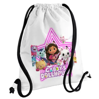 Gabby Dollhouse (ΤΟ ΚΟΥΚΛΟΣΠΙΤΟ ΤΗΣ ΓΚΑΜΠΙ), Τσάντα πλάτης πουγκί GYMBAG λευκή, με τσέπη (40x48cm) & χονδρά κορδόνια