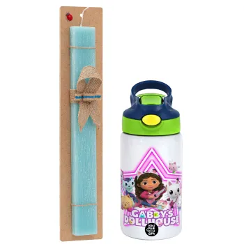 Gabby Dollhouse, Easter Set, Children's thermal stainless steel bottle with safety straw, green/blue (350ml) & aromatic flat Easter candle (30cm) (TURQUOISE)