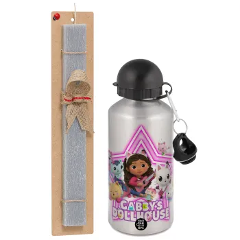 Gabby Dollhouse, Easter Set, metallic silver aluminum water bottle (500ml) & aromatic flat Easter candle (30cm) (GRAY)