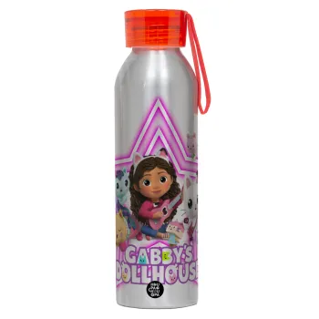 Gabby Dollhouse (ΤΟ ΚΟΥΚΛΟΣΠΙΤΟ ΤΗΣ ΓΚΑΜΠΙ), Αλουμινένιο Αθλητικό Μπουκάλι 650ml – Ασημί με Κόκκινο Καπάκι και Λουράκι Σιλικόνης