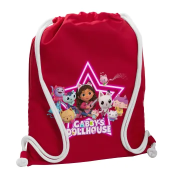 Gabby Dollhouse (ΤΟ ΚΟΥΚΛΟΣΠΙΤΟ ΤΗΣ ΓΚΑΜΠΙ), Τσάντα πλάτης πουγκί GYMBAG Κόκκινη, με τσέπη (40x48cm) & χονδρά κορδόνια