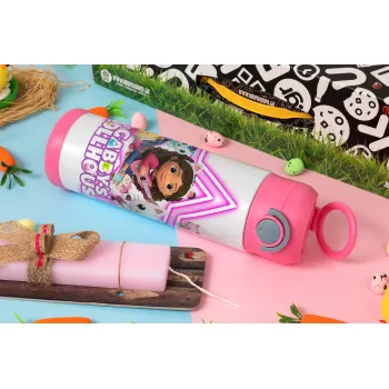 Gabby Dollhouse (ΤΟ ΚΟΥΚΛΟΣΠΙΤΟ ΤΗΣ ΓΚΑΜΠΙ), Πασχαλινή Λαμπάδα με Παιδικό παγούρι θερμό, ανοξείδωτο, με καλαμάκι ασφαλείας, ΡΟΖ (500ml)