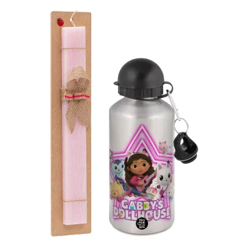 Gabby Dollhouse, Easter Set, metallic Silver aluminum water bottle (500ml) & scented flat Easter candle (30cm) (PINK)