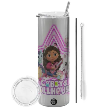 Gabby Dollhouse (ΤΟ ΚΟΥΚΛΟΣΠΙΤΟ ΤΗΣ ΓΚΑΜΠΙ), Tumbler ποτήρι θερμό Ασημένιο από ανοξείδωτο ατσάλι 600ml, με μεταλλικό καλαμάκι & βούρτσα καθαρισμού
