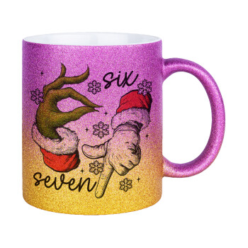Christmas Meme SIX SEVEN (67), Κούπα Χρυσή/Ροζ Glitter, κεραμική, 330ml