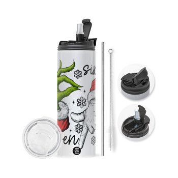 Christmas Meme SIX SEVEN (67), Travel Tumbler 2 Lids, with metal straw & cleaning brush (Stainless steel 304 Food grade, BPA free, 600ml)