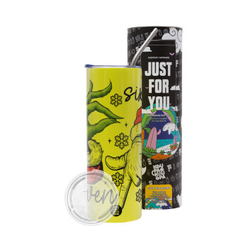 Christmas Meme SIX SEVEN (67), Neon Yellow Travel Tumbler θερμό, μεταλλικό καλαμάκι(Ανωξείδωτο 304 Food grade, BPA free, 600ml)