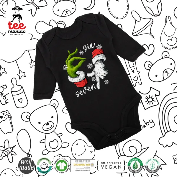 Christmas Meme SIX SEVEN (67) — Long-sleeve baby bodysuit, 0-18 months, BLACK, 100% organic cotton