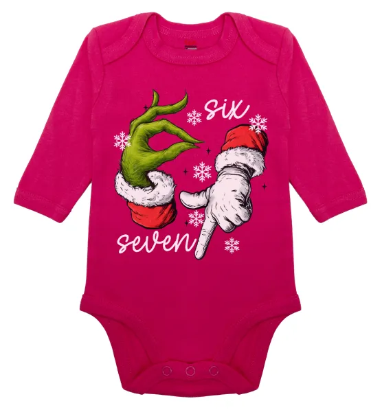 Christmas Meme SIX SEVEN (67) — Long-sleeve baby bodysuit, 0-18 months, PINK, 100% organic cotton