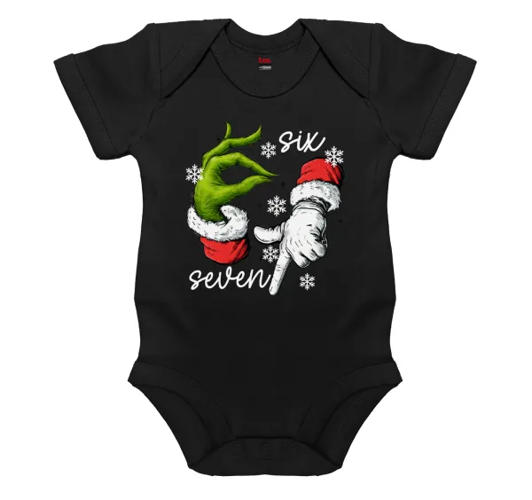Christmas Meme SIX SEVEN (67) — Short-sleeve baby bodysuit, 0-18 months, BLACK, 100% organic cotton