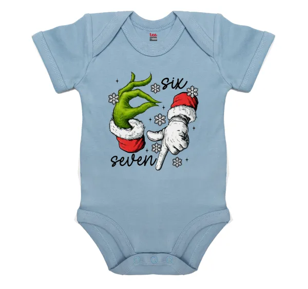 Christmas Meme SIX SEVEN (67) — Short-sleeve baby bodysuit, 0-18 months, blue, 100% organic cotton