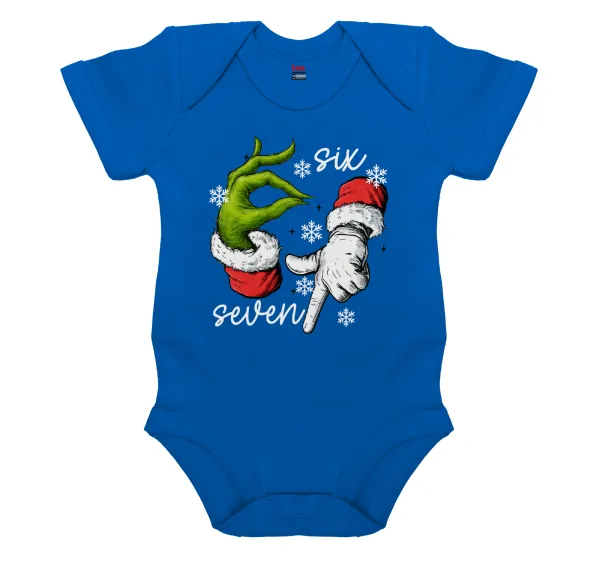 Christmas Meme SIX SEVEN (67) — Short-sleeve baby bodysuit, cobalt blue, 100% organic cotton