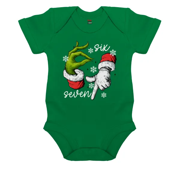 Christmas Meme SIX SEVEN (67) — Short-sleeve baby bodysuit, GREEN, 100% organic cotton
