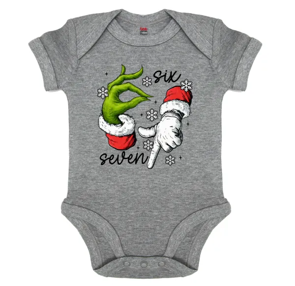 Christmas Meme SIX SEVEN (67) — Short-sleeve baby bodysuit, 0-18 months, GREY MELANGE, 100% organic cotton