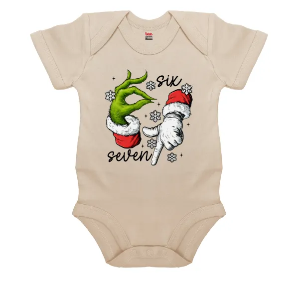 Christmas Meme SIX SEVEN (67) — Short-sleeve baby bodysuit, 0-18 months, natural (ecru), 100% organic cotton