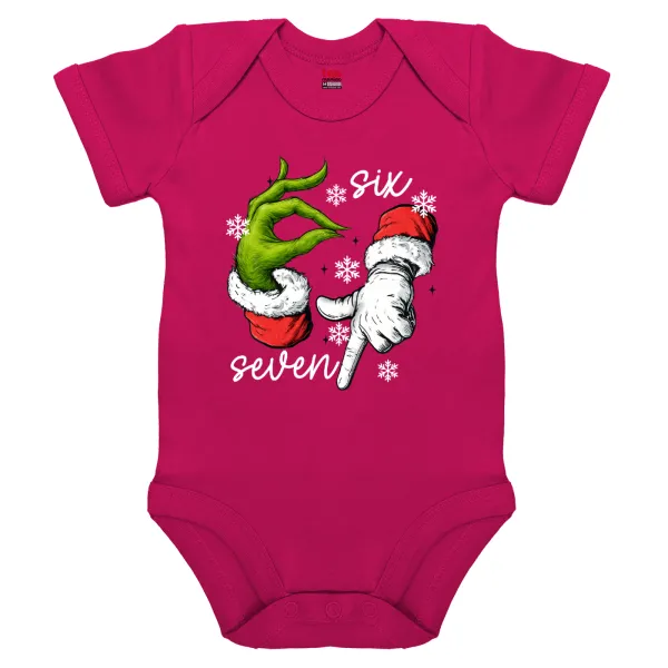 Christmas Meme SIX SEVEN (67) — Short-sleeve baby bodysuit, 0-18 months, PINK, 100% organic cotton