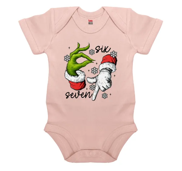 Christmas Meme SIX SEVEN (67) — Short-sleeve baby bodysuit, 0-18 months, POWDER PINK, 100% organic cotton