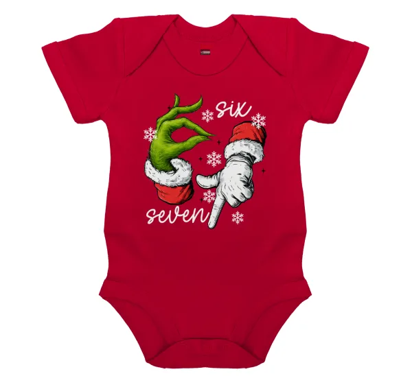 Christmas Meme SIX SEVEN (67) — Short-sleeve baby bodysuit, RED, 100% organic cotton
