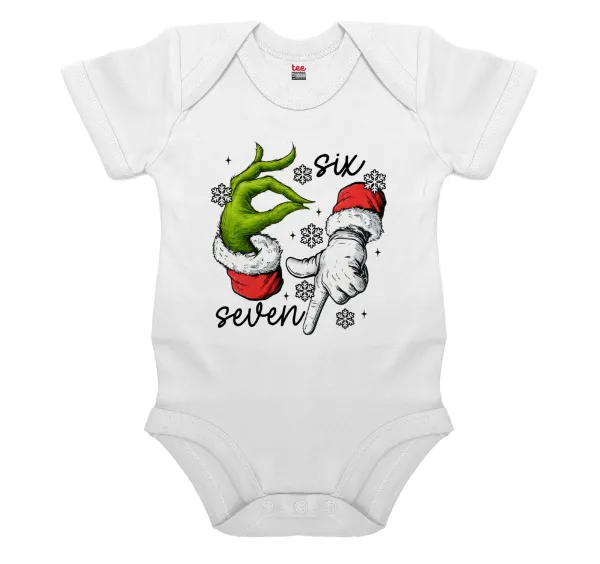 Christmas Meme SIX SEVEN (67) — Short-sleeve baby bodysuit, 0-24 months, WHITE, 100% organic cotton