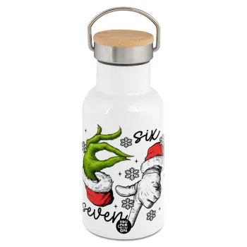 Christmas Meme SIX SEVEN (67), Μεταλλικό παγούρι θερμός (Stainless steel) Λευκό με ξύλινο καπακι (bamboo), διπλού τοιχώματος, 350ml