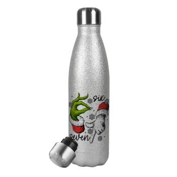 Christmas Meme SIX SEVEN (67), Metallic Glitter Silver Thermos Flask (Stainless steel), double-walled, 500ml
