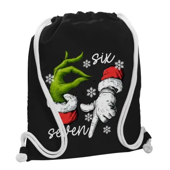 Christmas Meme SIX SEVEN (67), Τσάντα πλάτης πουγκί GYMBAG Μαύρη, με τσέπη (40x48cm) & χονδρά λευκά κορδόνια