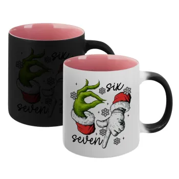 Christmas Meme SIX SEVEN (67), Κούπα Μαγική εσωτερικό ΡΟΖ, κεραμική 330ml που αλλάζει χρώμα με το ζεστό ρόφημα