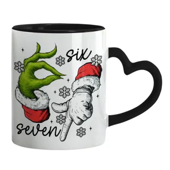 Christmas Meme SIX SEVEN (67), Κούπα καρδιά χερούλι μαύρη, κεραμική, 330ml