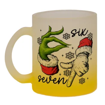 Christmas Meme SIX SEVEN (67), Κούπα γυάλινη δίχρωμη με βάση το κίτρινο ματ, 330ml