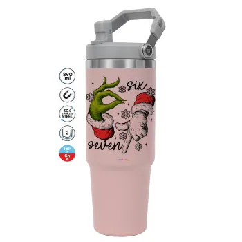 Christmas Meme SIX SEVEN (67), ΡΟΖ χρώματος Θερμός Ανοξείδωτο 890ml (30oz) με χερούλι