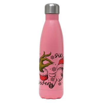 Christmas Meme SIX SEVEN (67), Μεταλλικό παγούρι θερμός Ροζ Ματ (Stainless steel), διπλού τοιχώματος, 500ml