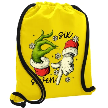 Christmas Meme SIX SEVEN (67), Τσάντα πλάτης πουγκί GYMBAG Κίτρινη, με τσέπη (40x48cm) & χονδρά κορδόνια