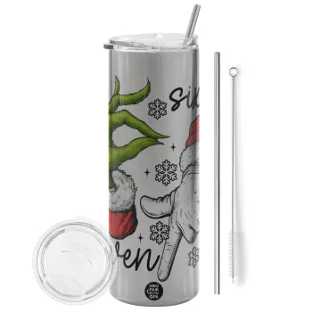 Christmas Meme SIX SEVEN (67), Tumbler ποτήρι θερμό Ασημένιο από ανοξείδωτο ατσάλι 600ml, με μεταλλικό καλαμάκι & βούρτσα καθαρισμού