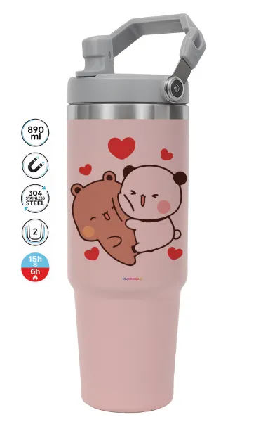 Bubu & Dudu — ΡΟΖ Travel Tumbler Θερμός με χερούλι και καλαμάκι 890ml